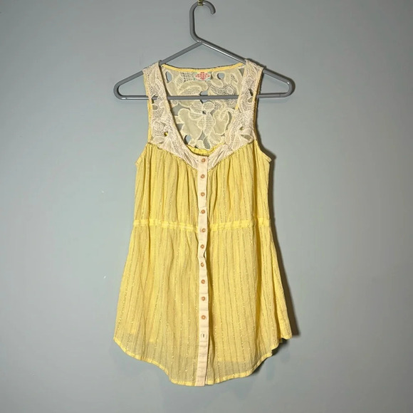 Free People yellow cotton crepe gold metallic stripe button tank top lace sz XS - Picture 1 of 6